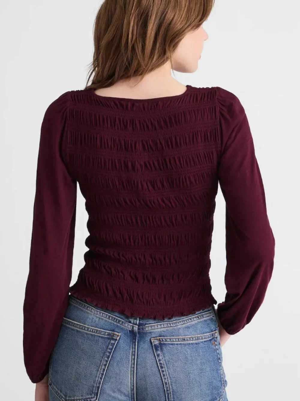 Madewell Smocked Cotton Boatneck Puff Sleeves Slim Fit Top Burgundy Size XS NWT